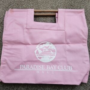 Vintage Pink Hawaii Paradise Bay Club Tote Bag Wood Handles Hawaiian Voyager
